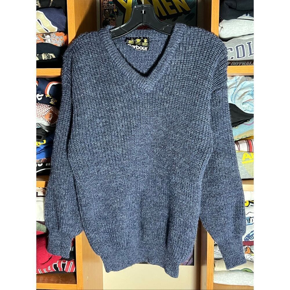 Vintage Barbour Marl Knit Fisherman Wool V Neck Sweater 36